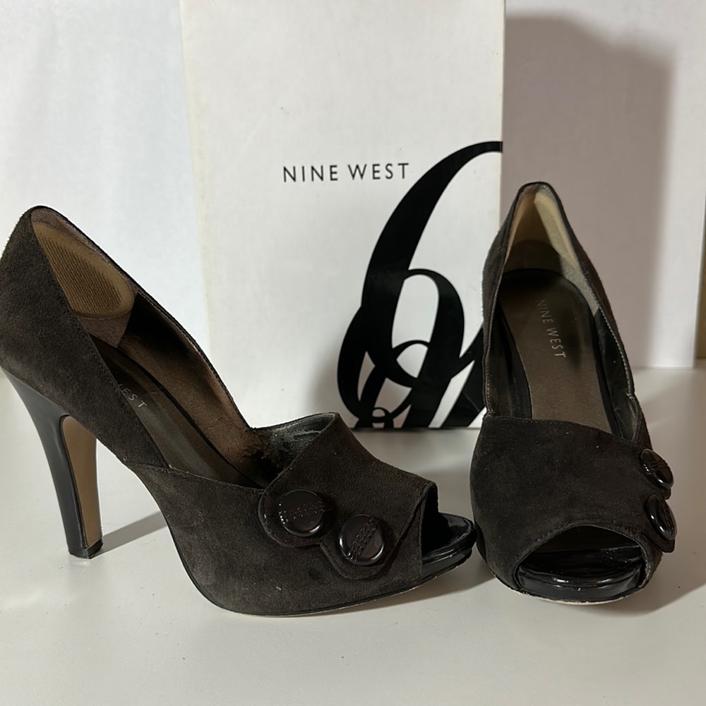 Nine West Winking Dark Brown Suede Peep Toe Heel